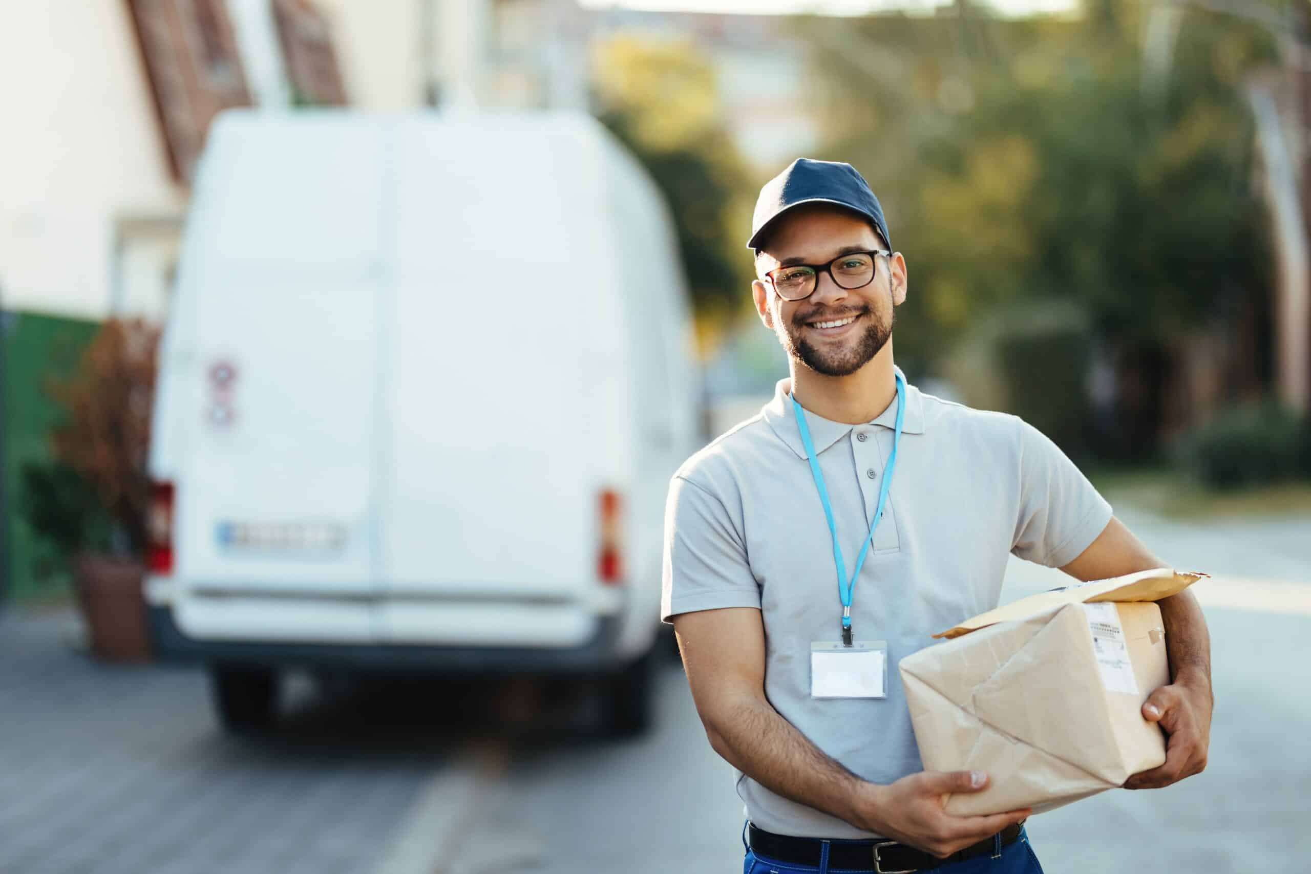 portrait of young happy courier with packages for a delivery gm1187348009 335363472